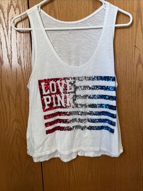 Victoria's Secret Love Pink Sequin Flag Tank Top - White with Red, Silver, Blue